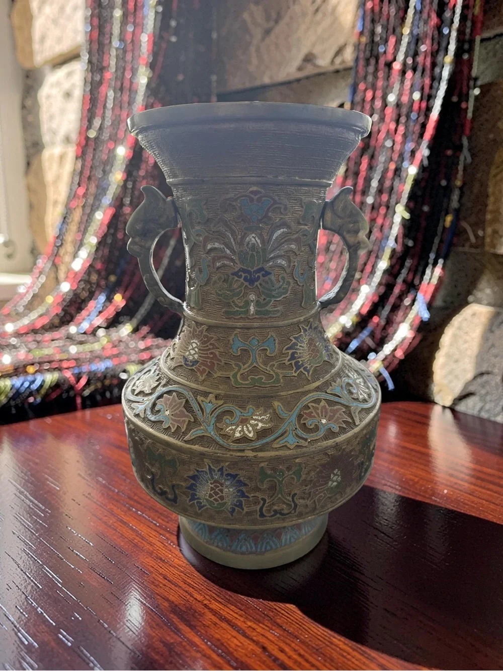 Antique Asian  Enamel Cloisonne Bronze  Multicolored Urn Vase 12” Tall !!!